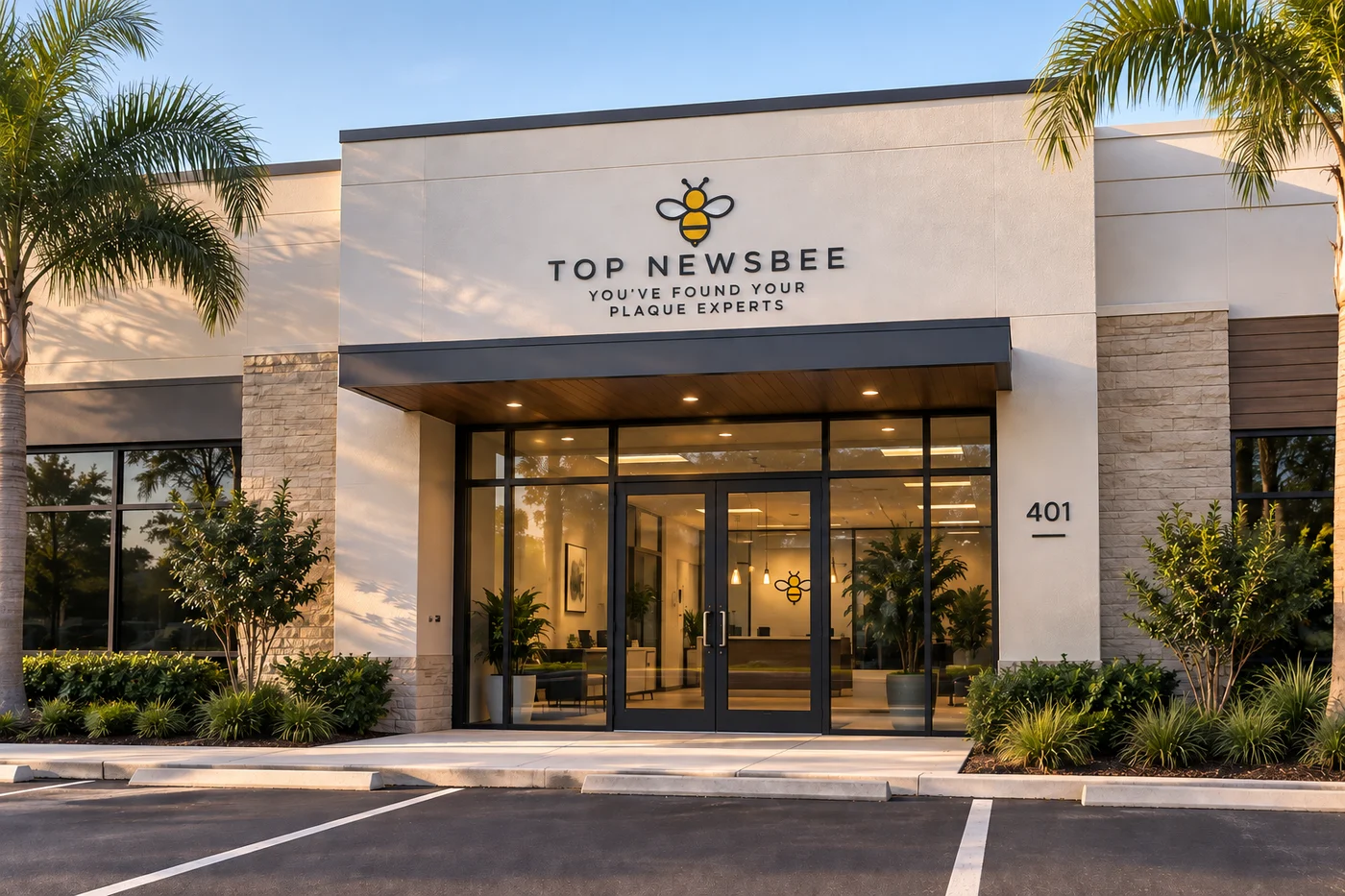 The Top Newsbee building, with the bee logo and wordmark above the entrance