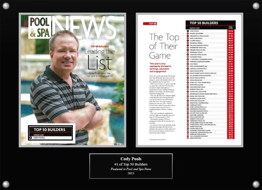 Cody Pools Top 50 Builders plaque, 2013