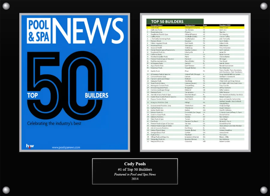 Cody Pools Top 50 Builders plaque, 2014