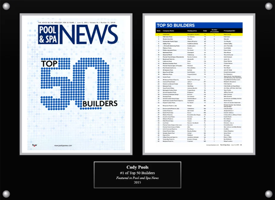 Cody Pools Top 50 Builders plaque, 2015