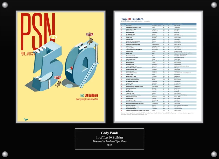 Cody Pools Top 50 Builders plaque, 2016