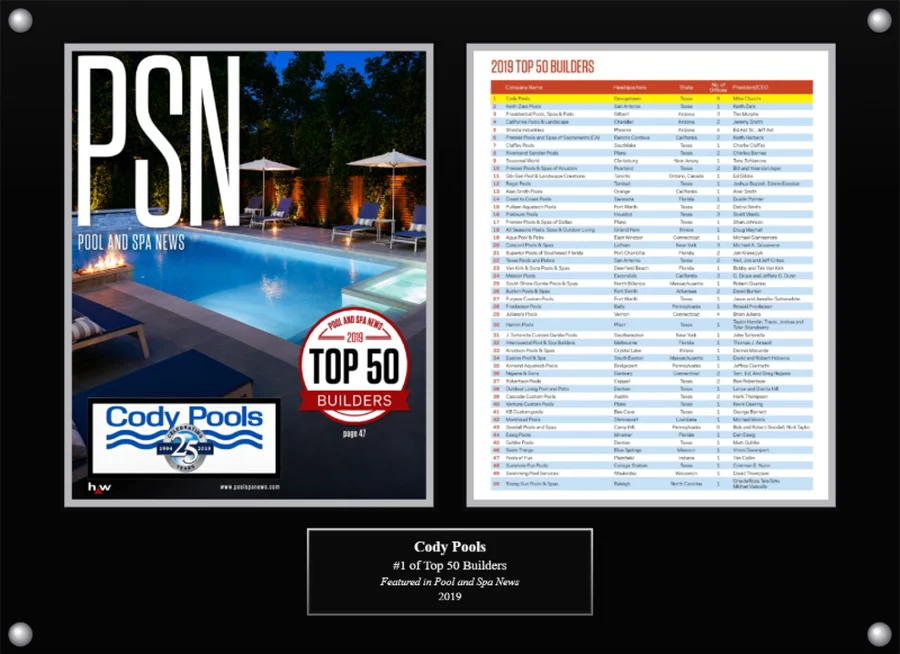 Cody Pools Top 50 Builders plaque, 2019