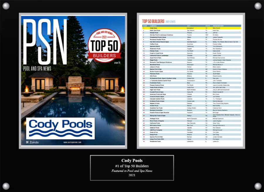Cody Pools Top 50 Builders plaque, 2021