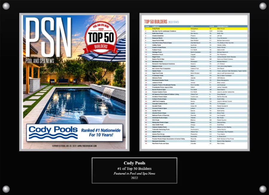 Cody Pools Top 50 Builders plaque, 2022