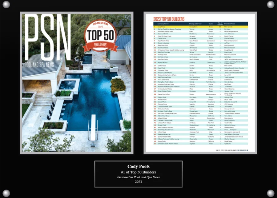 Cody Pools Top 50 Builders plaque, 2023