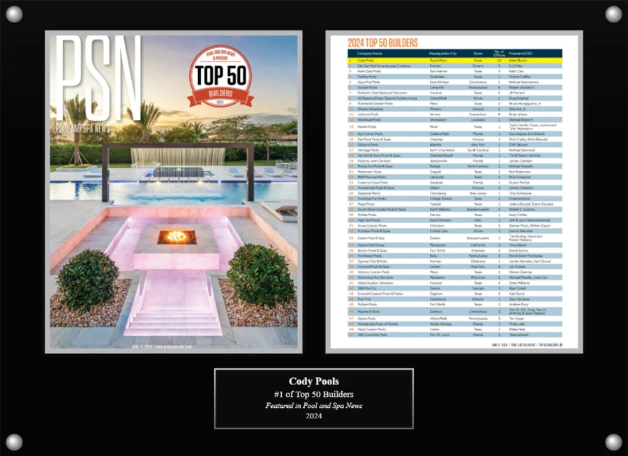 Cody Pools Top 50 Builders plaque, 2024