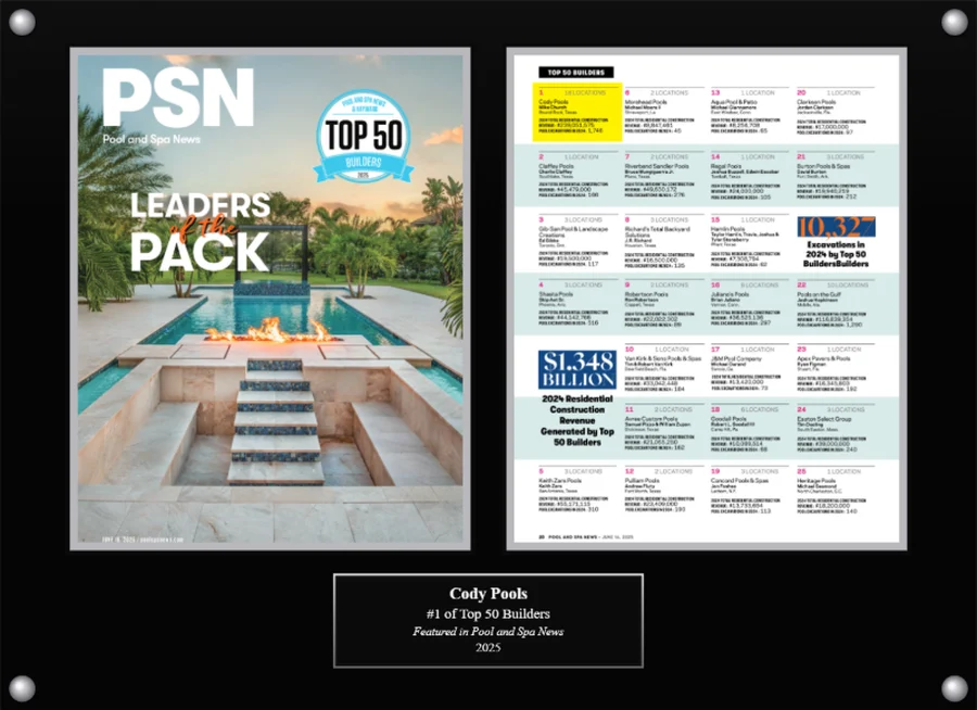 Cody Pools Top 50 Builders plaque, 2025