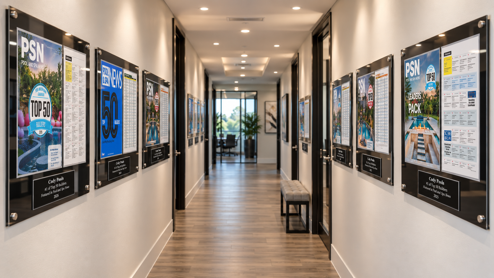 An office corridor lined with Cody Pools Top 50 Builders plaques