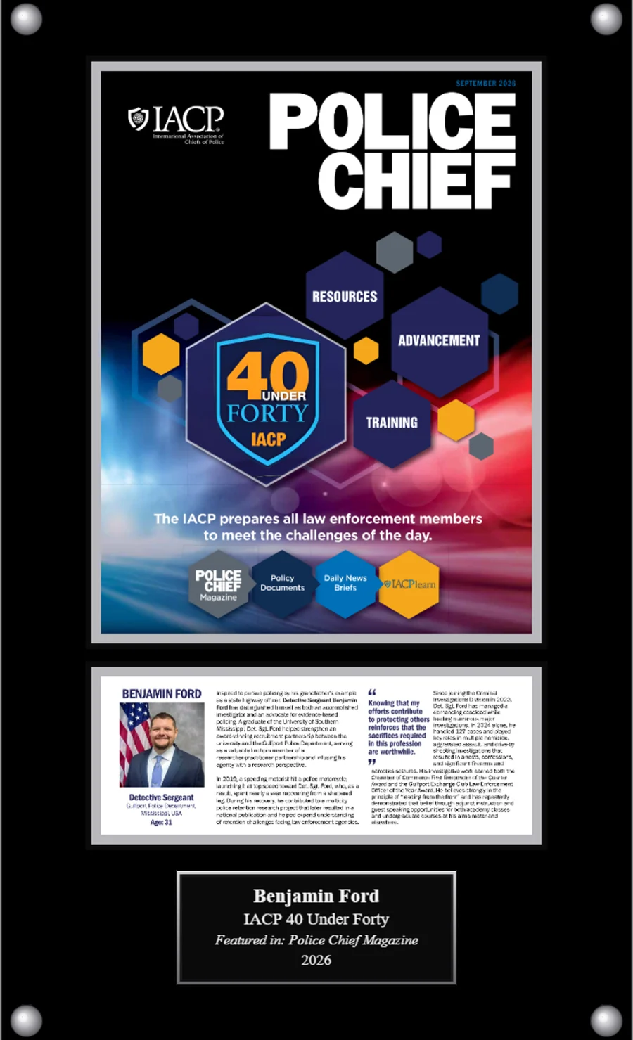 40 Under 40 plaque pairing a magazine cover with the honoree profile
