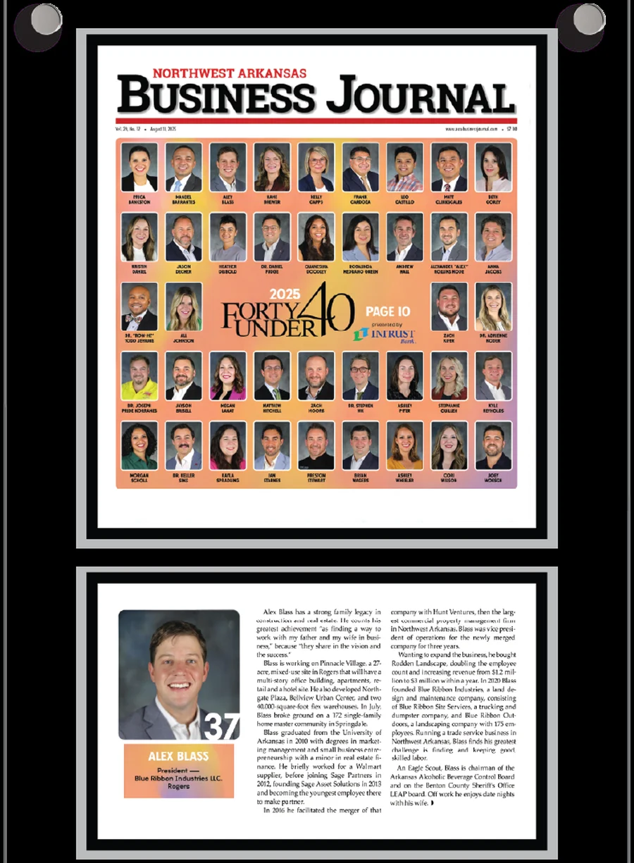 40 Under 40 plaque pairing a Business Journal cover with the honoree profile